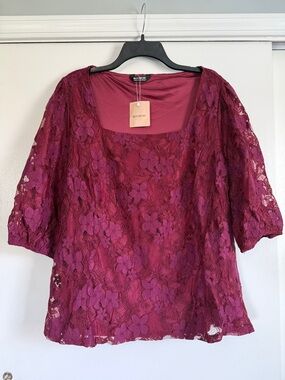 BloomChic Raspberry Floral Lace Scoop Neck Blouse